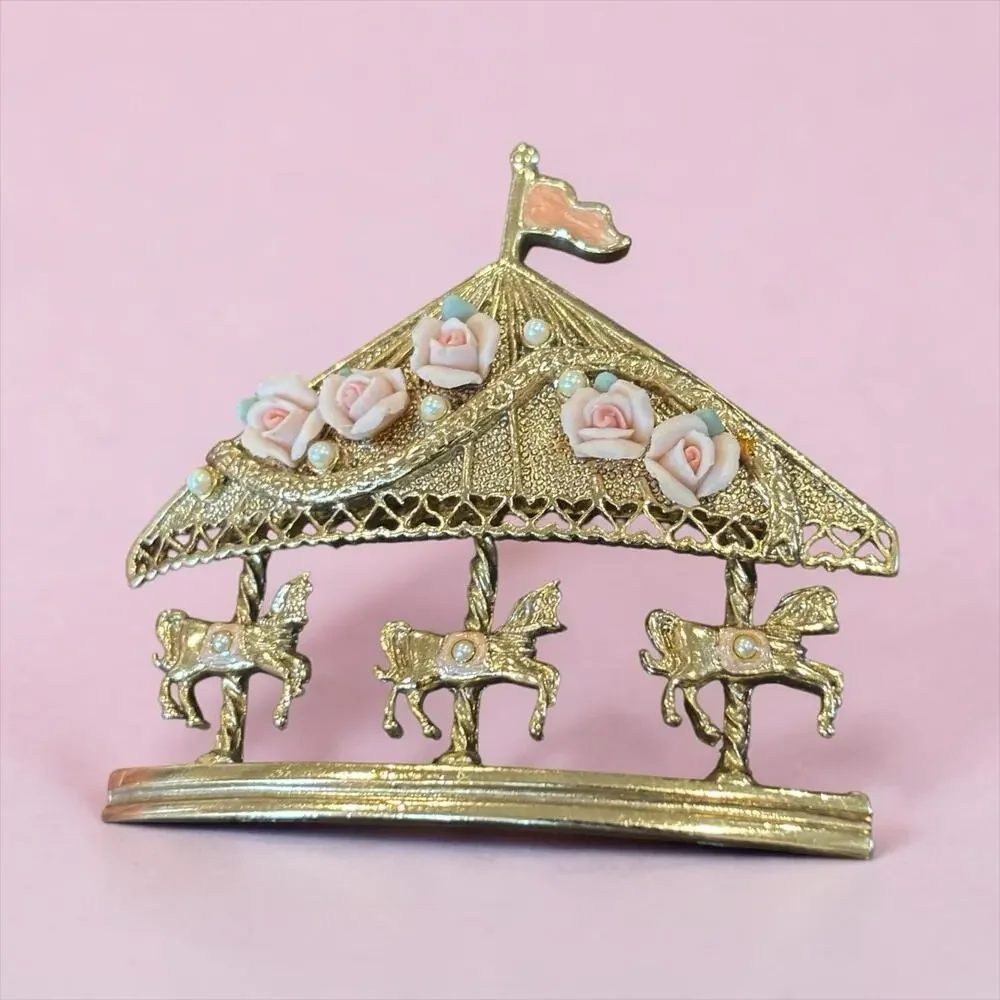 1928 Carousel Horse Brooch Pink Roses Gold Fairytale Romantic Victorian Revival